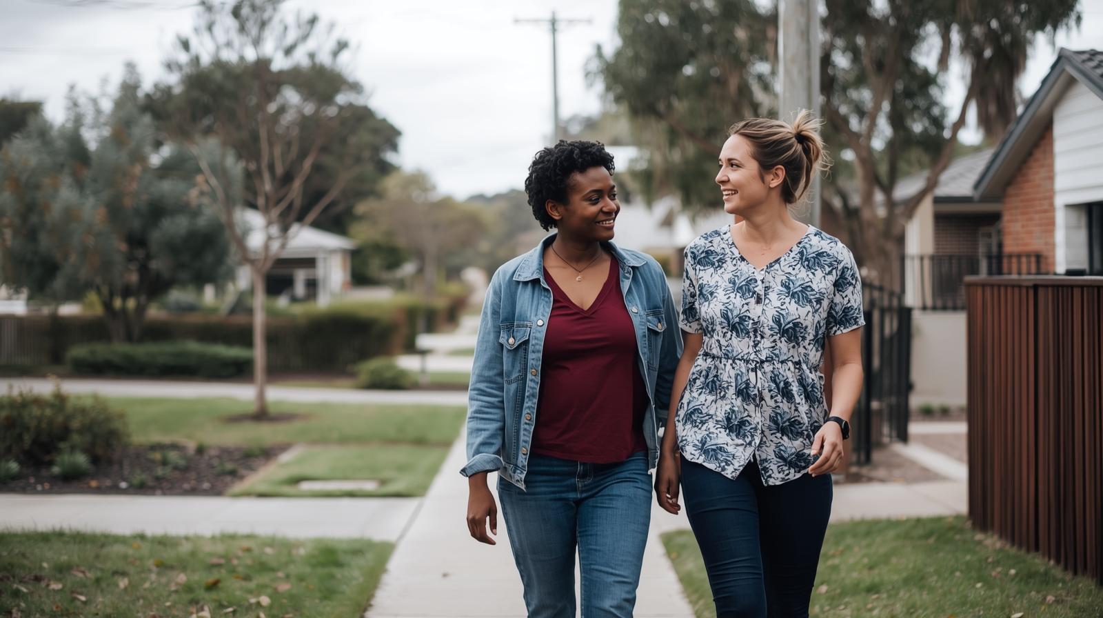 Two women walking together and sharing a conversation in a neighbourhood