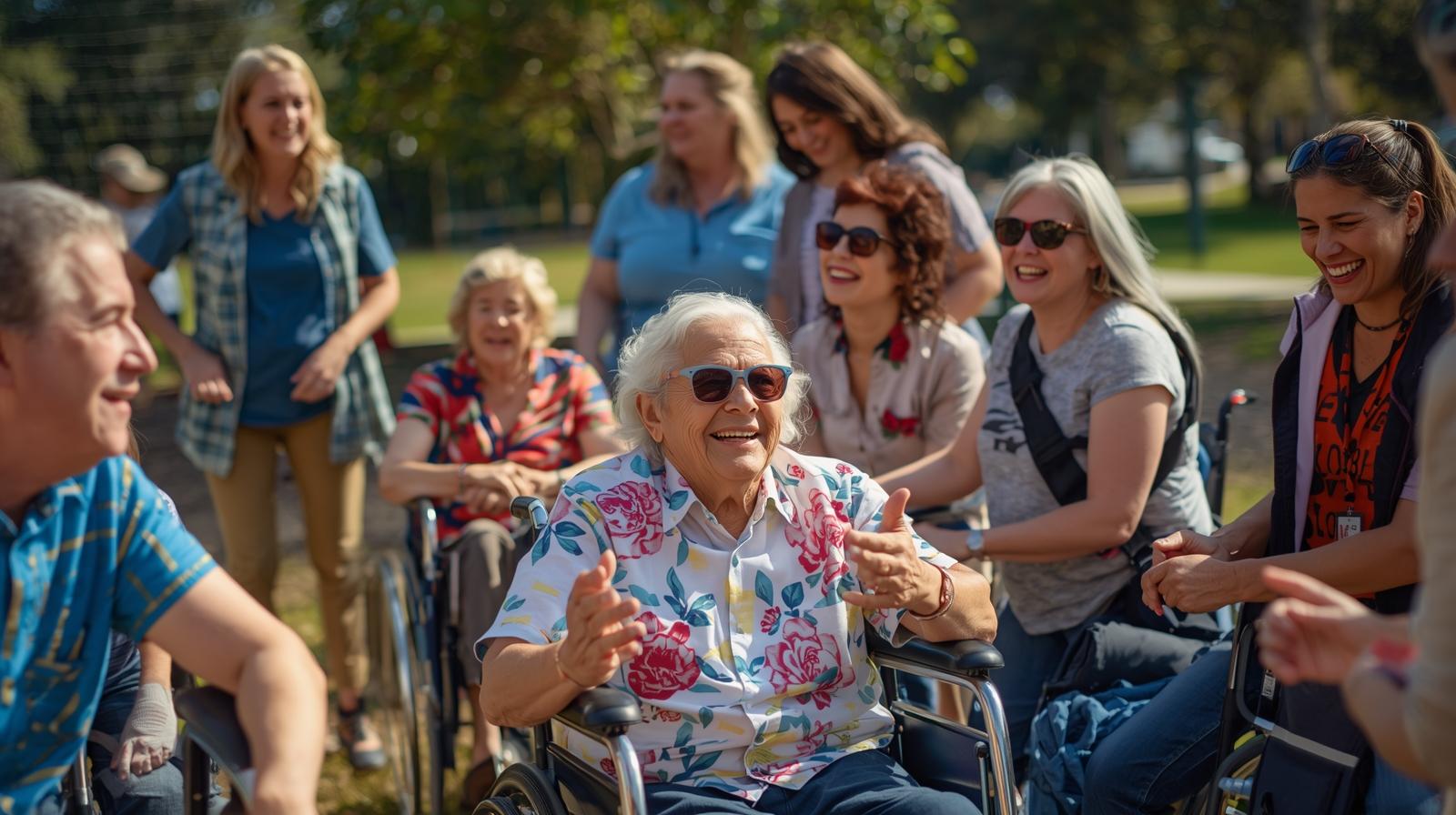 A group enjoying time together outdoors, including a wheelchair user