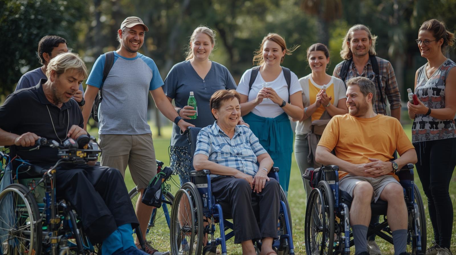 A diverse group of people, including wheelchair users, gathering outside