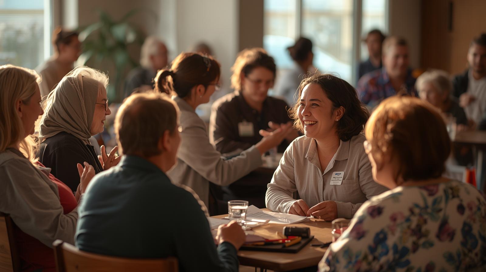 People sharing conversation around a table at a community gathering