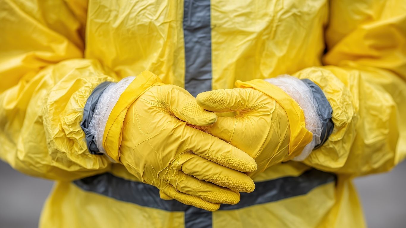 A person wearing yellow gloves while undertaking a household task